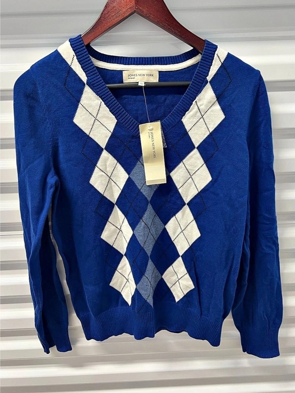 Jones New York Argyle Cotton Sweater in Blue & White Size Medium NWT